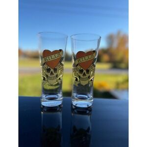 Ed Hardy Drinking Beer Glasses Tapered Love Kills Slowly Skull Heart Glass‎ 16oz